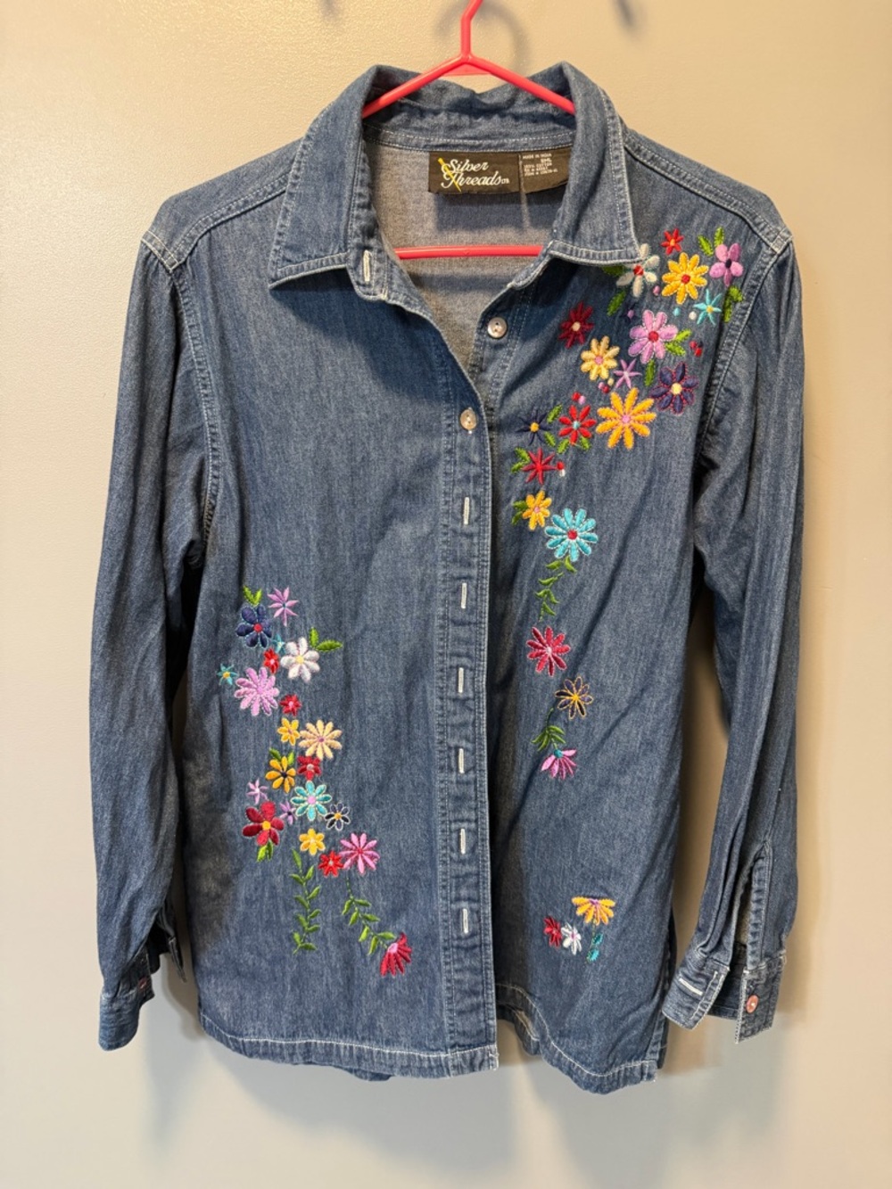 Vintage Women's Denim Jacket with Multicolor Floral Embroidery